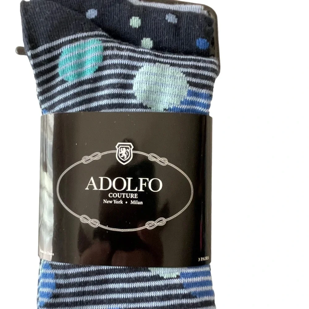 Men's ADOLFO Couture Dress Socks Blue Dots and Stripes 3-Pair Pack Size 10-13